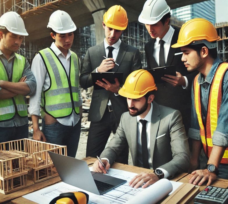 project consultation image where a manager managing projects with team in construction site